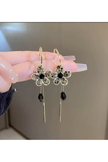 ER TAKI Black Stone Gold Color Long Flower Dangle Stylish Party Engagement Henna Wedding Evening Dress Earrings