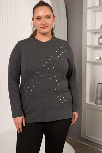 RMG Plus Size Geometric Stone Blouse Anthracite
