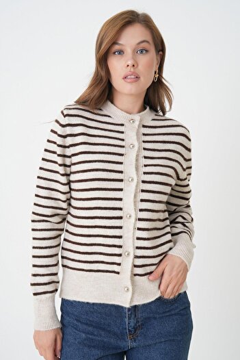 minaaise Women's Brown Striped Knitwear Cardigan with Button Detail 30036