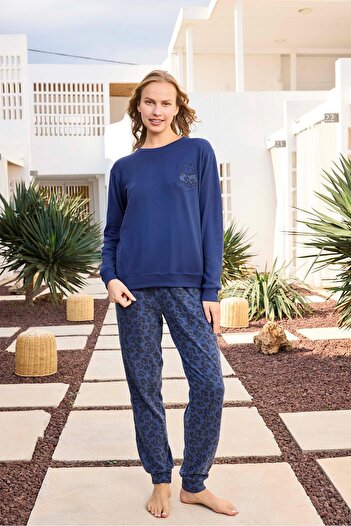 Aydoğan Women's Asian Thermal Leopard Navy Blue Pajama Set 0491