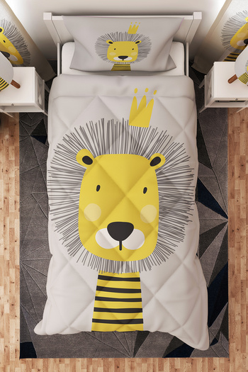 BelezaHome Gray Yellow Lion Patterned Single Children's Quilt Sleeping Set