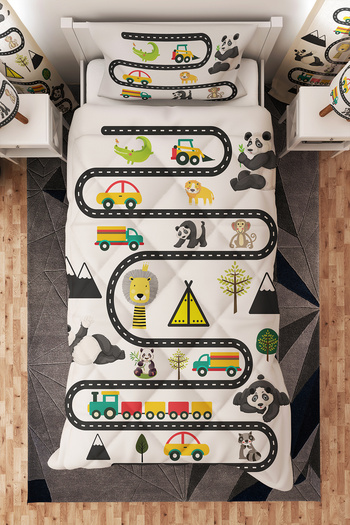 BelezaHome Black and White Cute Panda Car Monkey Patterned Single Children's Quilt Sleeping Set