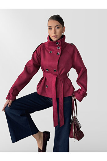 chwain Stand-Up Collar Suede Jacket with Belt and Aller Details