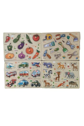 OEM Set 4 wooden puzzles with Romanian inscriptions, Montessori, 38 pieces, domestic animals, vehicles,