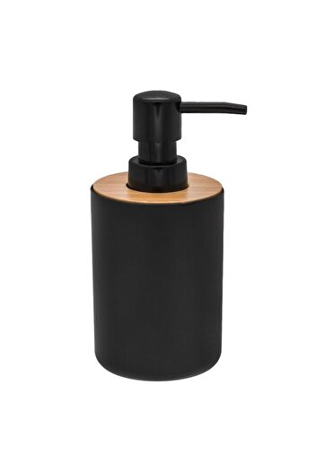 SHOPIENS Liquid Soap Dispenser 315 ml - Black Plastic with Bamboo Lid