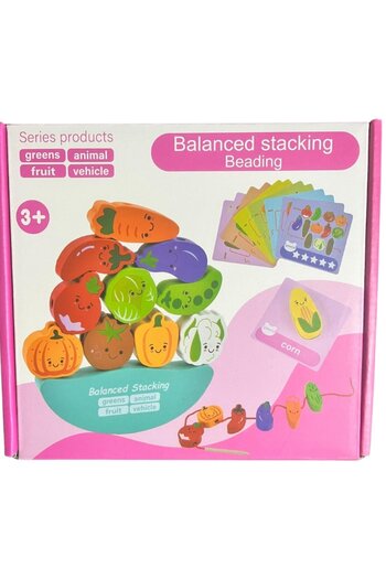 OEM Skill Game with Association Cards, Wooden Stacking and Threading Pieces, Vegetable Model, Ages 3+