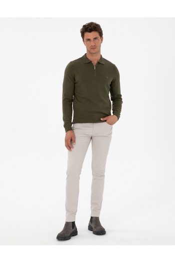 Pierre Cardin Slim Fit Polo Collar Zippered Basic Knit Sweater