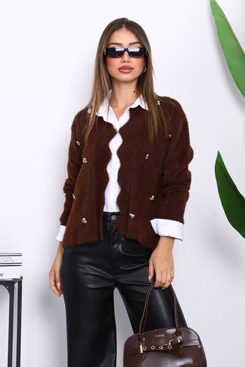 İmajButik Brown Button Detailed Angora Soft Knit Cardigan