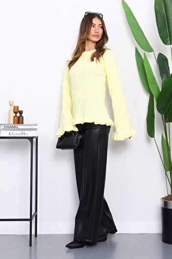 İmajButik Yellow Waist and Sleeve Frill Trim Knit Sweater