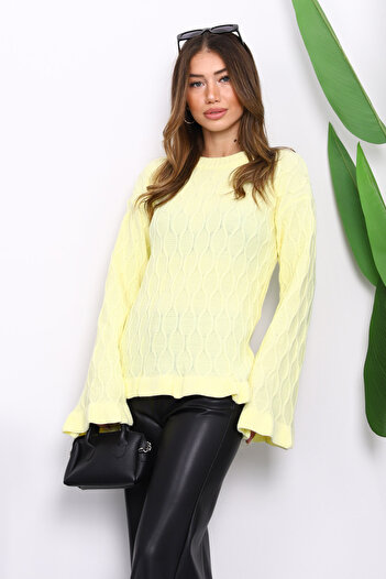 İmajButik Yellow Waist and Sleeve Frill Trim Knit Sweater