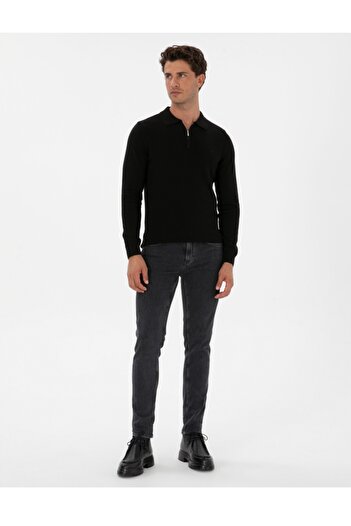 Pierre Cardin Slim Fit Polo Collar Zippered Basic Knit Sweater
