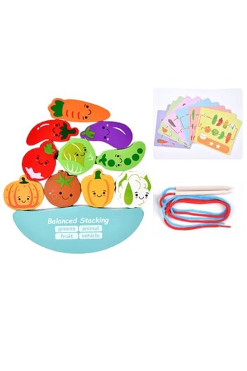 OEM Skill Game with Association Cards, Wooden Stacking and Threading Pieces, Vegetable Model, Ages 3+