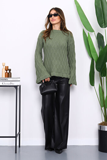 İmajButik Khaki Bell and Sleeve Frill Trim Knit Sweater