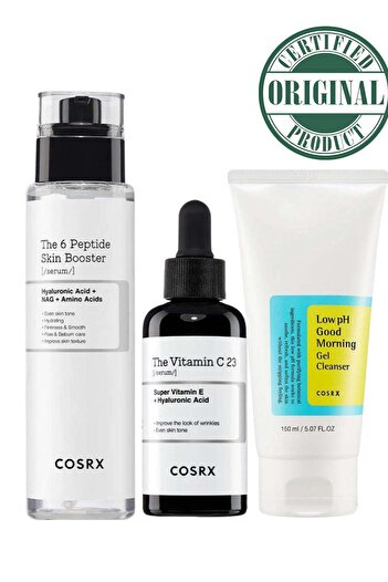 Cosrx Radiant Glow Set - The 6 Peptide Skin Booster - Vitamin C 23 Serum - Low pH Good Morning Gel C