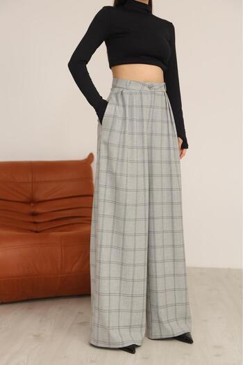 Bak'ap High Waist Pleated Cotton Palazzo Plaid Fabric Pants