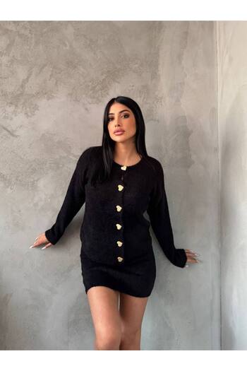 Julidress Heart Button Cardigan and Elastic Waist Mini Skirt Bottom Top Beard Knitwear Set