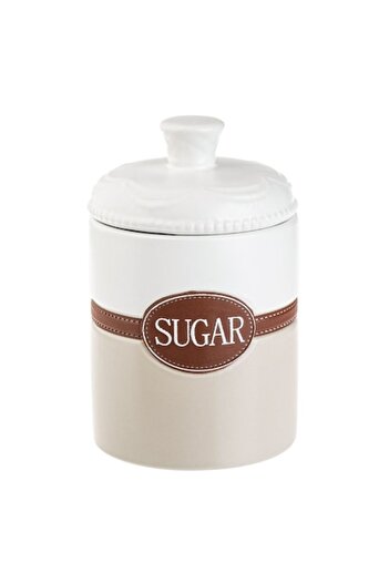 SHOPIENS Ceramic jar (Model "Sugar") — White, Ecru & Brown; 1 L; 18 cm H; 11.5 cm Ø; airtight silicone-rin