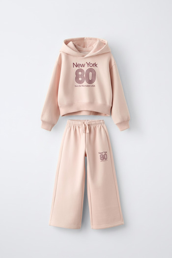 Magu Girl's Cotton Powder Hooded New York Printed Tracksuit Set - Wide Leg Model