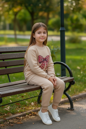 JARMO KİDS Girl's 3-Thread Ribbed Inner Layer Top and Bottom Tracksuit Set with Ribbon Print