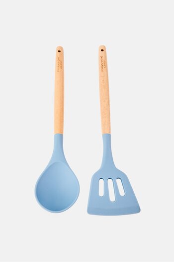 Phantom Chef 2 Pcs Silicone And Wood Slotted Turner Spoon Set, Slate Blue