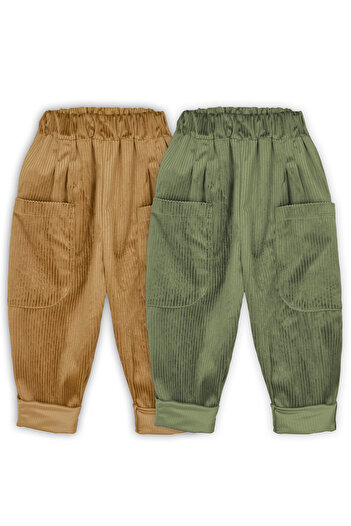 Catz Kids 2'li Paket Yumuşak Kadife Boyfriend Pantolon ( Camel&Haki )