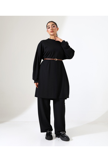 Fi'l Arz Fashion Black Kosta Leather Detail Plus Size Suit