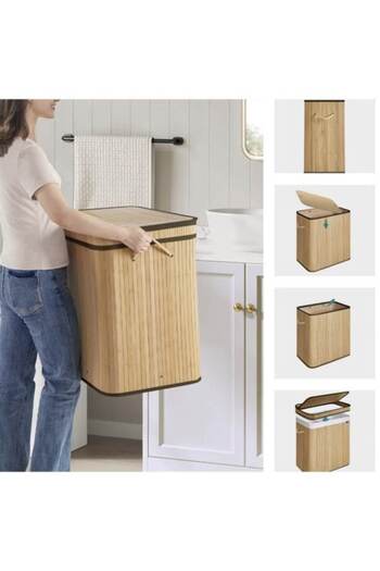 varioshop Laundry basket made of bamboo VarioShop, 100L, with two compartments, detachable fabric cover, 60 x
