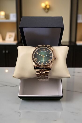 Eyiser Store Men's Wristwatch - Emerald Green and Roman Numeral Dial, Dual Calendar, Gold Band - Special Boxed