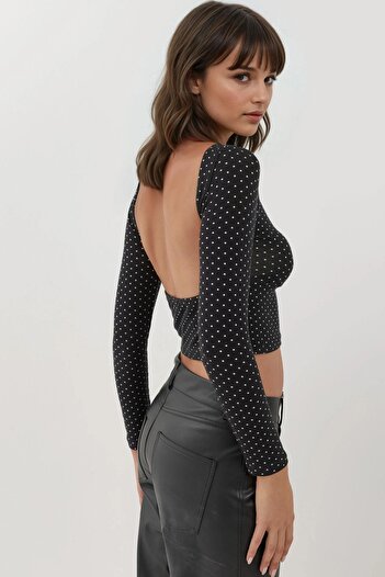 Hiccup Backless Polka Dot Patterned Long Sleeve Bodycon Crop Top Busem Collection