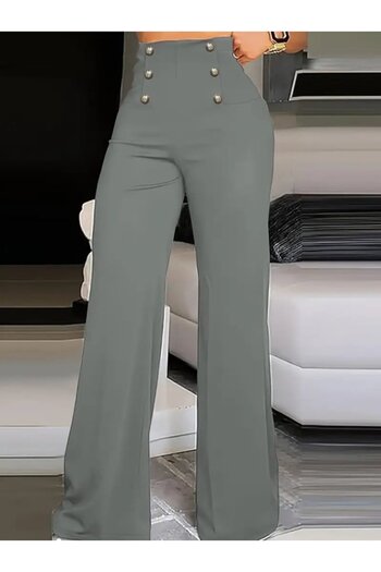 JANES Women's High Waist Front Buttoned Wide Leg Imported Crepe Trousers