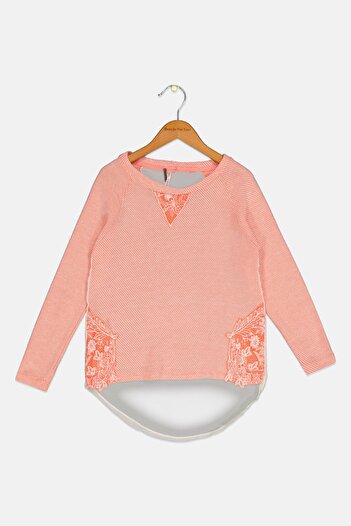 Poof Girl Kids Girl Round Neck Embroidered Long Sleeve Top, Coral