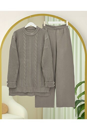 Modamorfo Hair Braid Pattern Sleeve Button Detailed Knitwear Set -Toprak