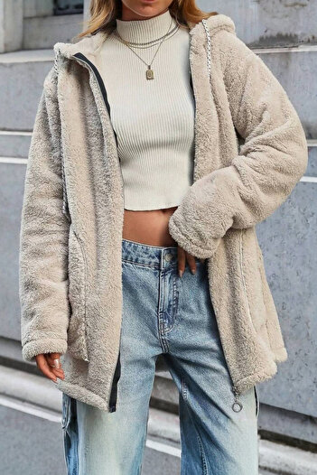 MILANOFOX Women's Hooded Zippered Double Pocket Oversize Stone Plush Sweatshirt