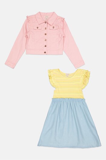 NANETTE LEPORE Kids Girl 2 Piece Stripe Dress With Denim Jacket Set, Yellow