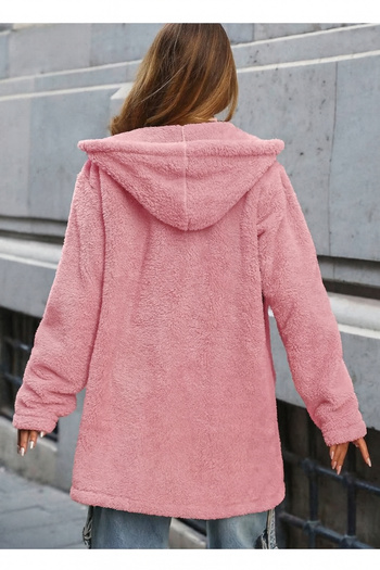 MILANOFOX Women's Hooded Zippered Double Pocket Oversize Pink Plush Sweatshirt