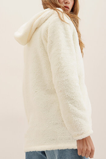 MILANOFOX Women's Hooded Zippered Double Pocket Oversize Ecru Plush Sweatshirt