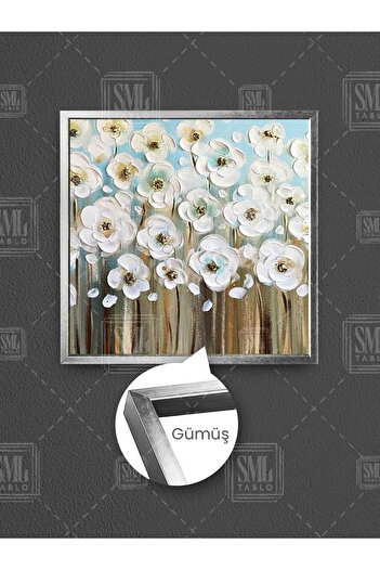 SML TABLO Grădina de flori albă Detalii aurii Decor de lux Pictură pătrată pe pânză înrămată