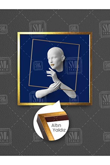 SML TABLO Tablou pătrat de pânză cu cadru pătrat auriu, care susține o statuie albă, decor în aur bleumarin