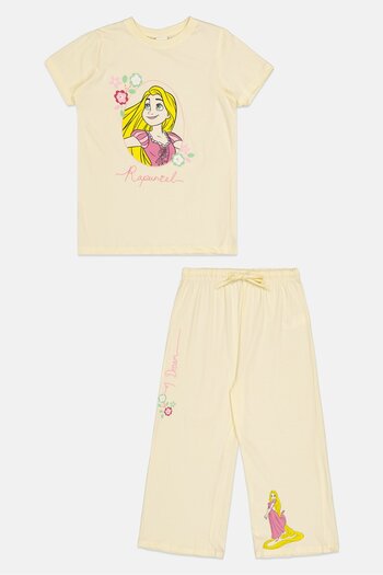 DİSNEY PRİNCESS Kids Girl 2 Piece Graphic Print Top And Bottom Pajama Set, Light Yellow