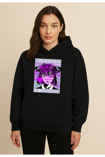 Korefanzin Μαύρο μπλουζάκι με κουκούλα με λογότυπο Anime Girl σε ιαπωνικό στυλ