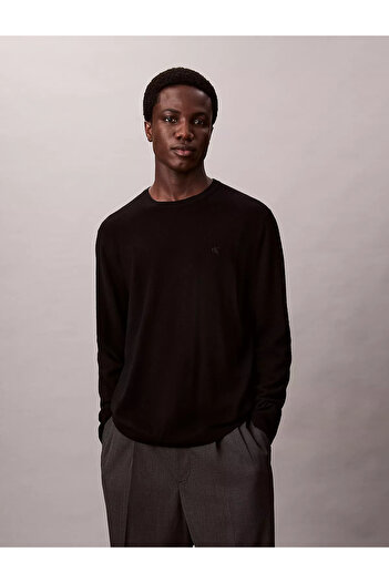 Calvin Klein Men's 100% Wool Regular Fit Ribbed Round Neck Ck Logo Embossed Long Sleeve Knitted Black Sweater Lv