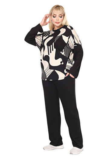 MELSAY Women's Plus Size Black Picasso Pattern 2 Thread Tracksuit Set