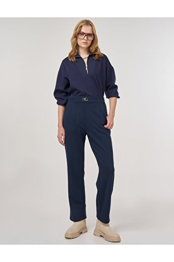Kayra Metal Buckle Pipe Leg Trousers Dark Navy Blue