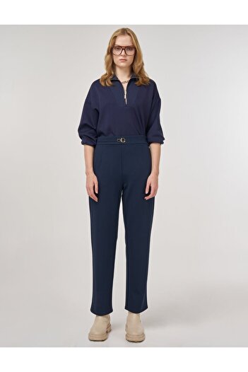 Kayra Metal Buckle Pipe Leg Trousers Dark Navy Blue