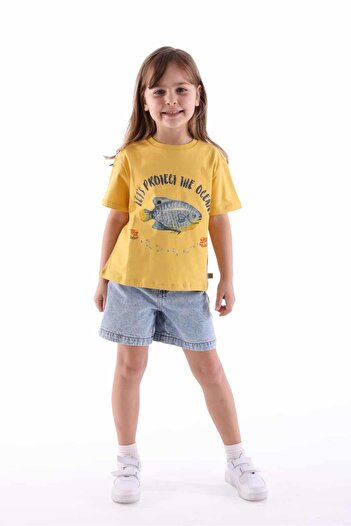 Ozmoz By Mukadder Özden Organic Yellow Printed Summer Girl's T-Shirt