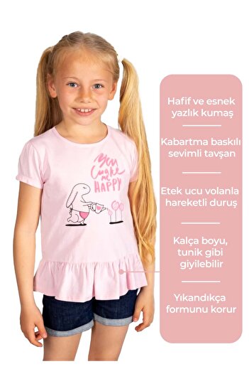 Ozmoz By Mukadder Özden Embossed Printed Pink Summer Girl's Tunic Tshirt