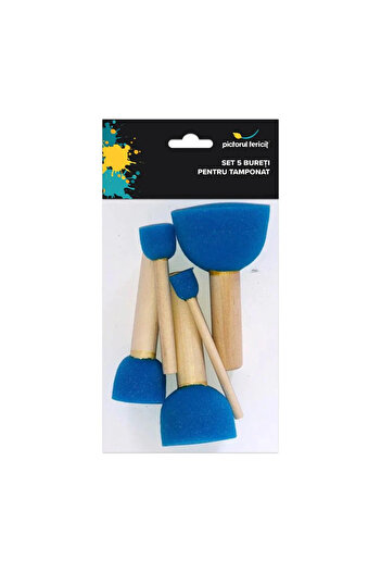 Pictorul Fericit Set of 5 painting sponges, round shape, dabbing technique, wooden handle