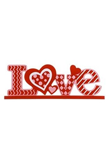 Silver Star Table Decoration Made of Wood with 'Love' Message Red Pink 25 x 3 x 9 cm