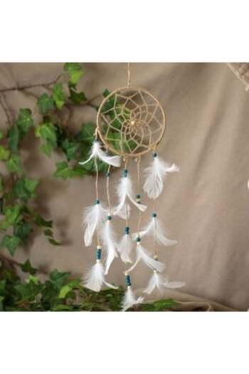 SHOPIENS Dreamcatcher Decorative Ethnic Talisman with White Feathers & Green Wooden Beads 15 x 51 cm
