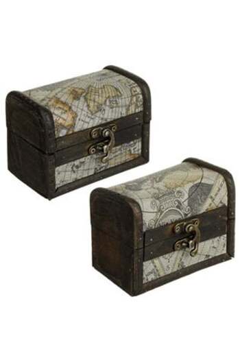 SHOPIENS Decorative Wooden Chest Black with Map Design 11 x 7 x 8 cm